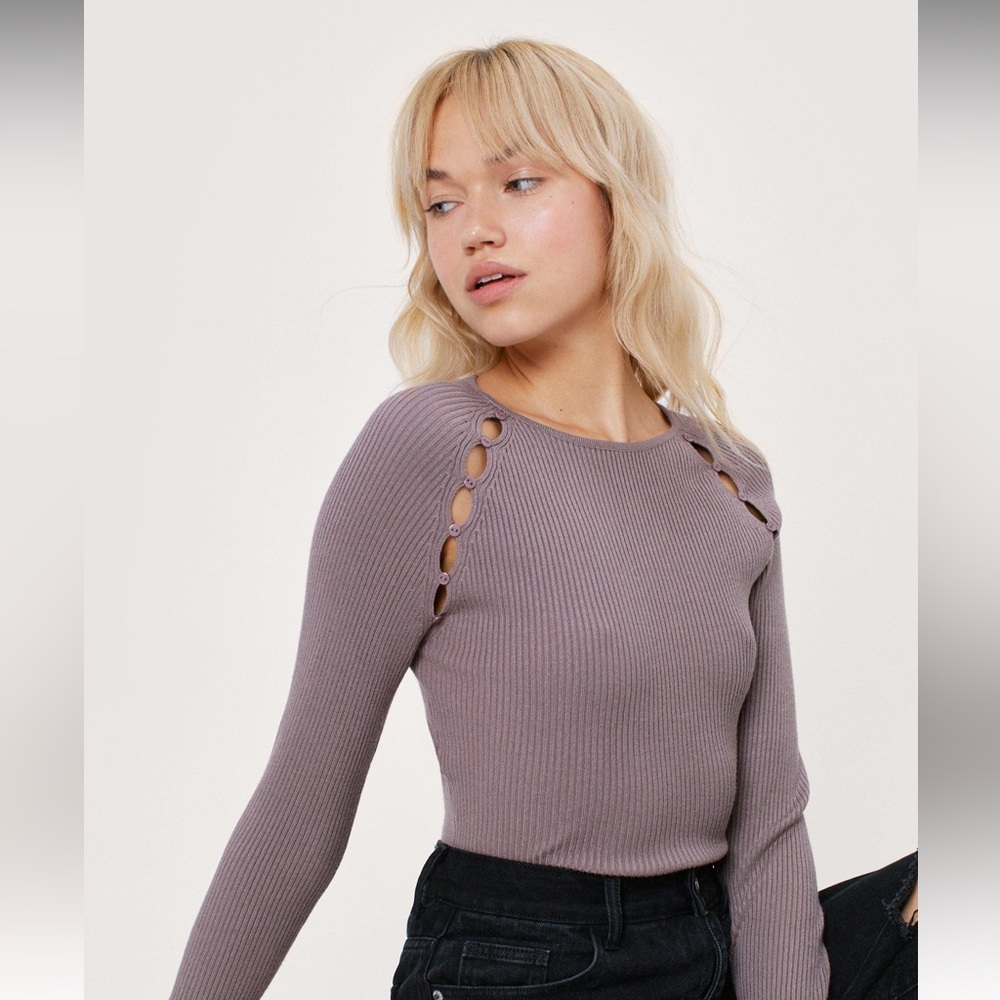 Double Button Side Ribbed Knitted Top, Oatmeal, XS